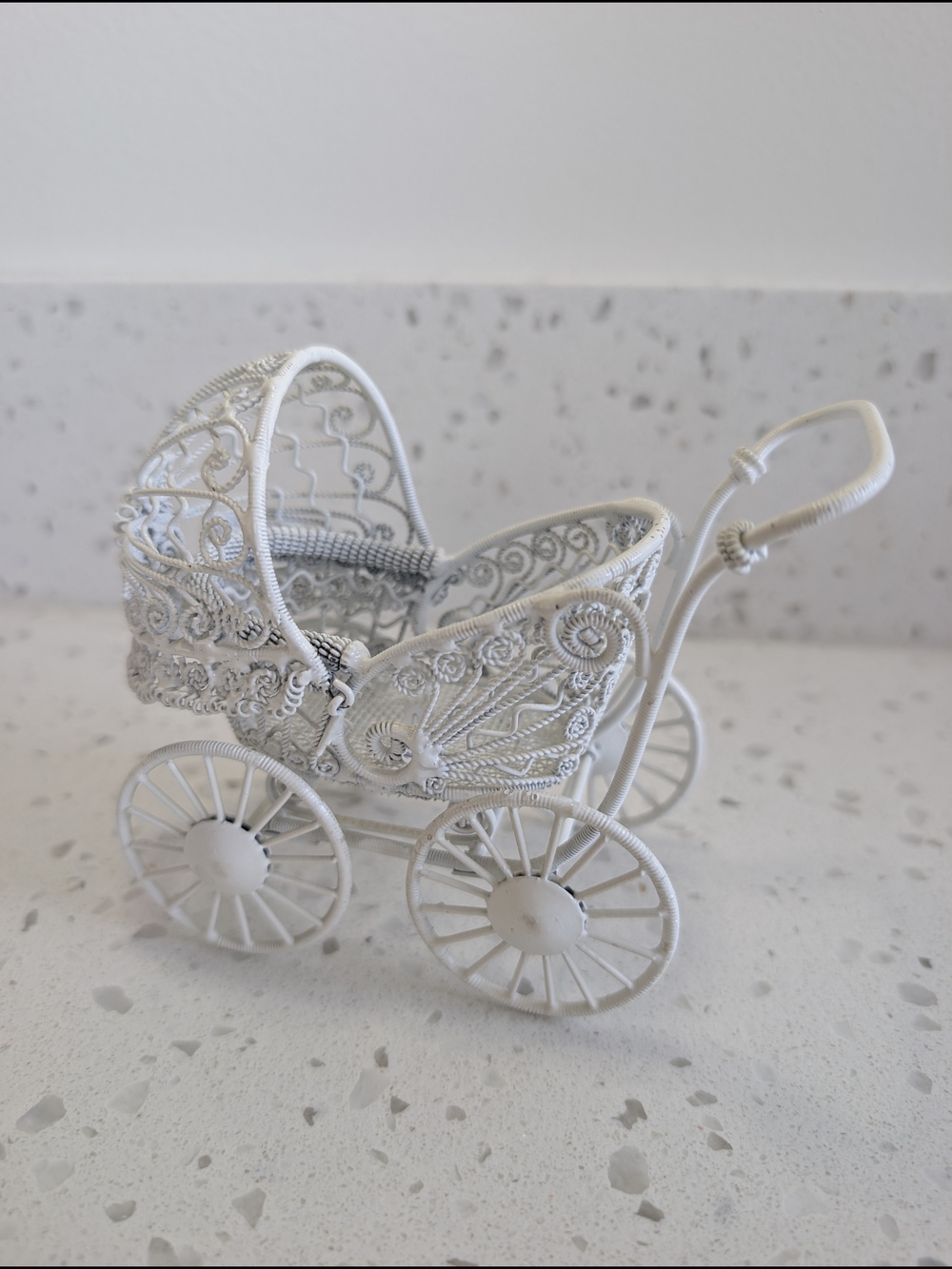 Vintage White Decorative Wire Baby Carriage Figurine